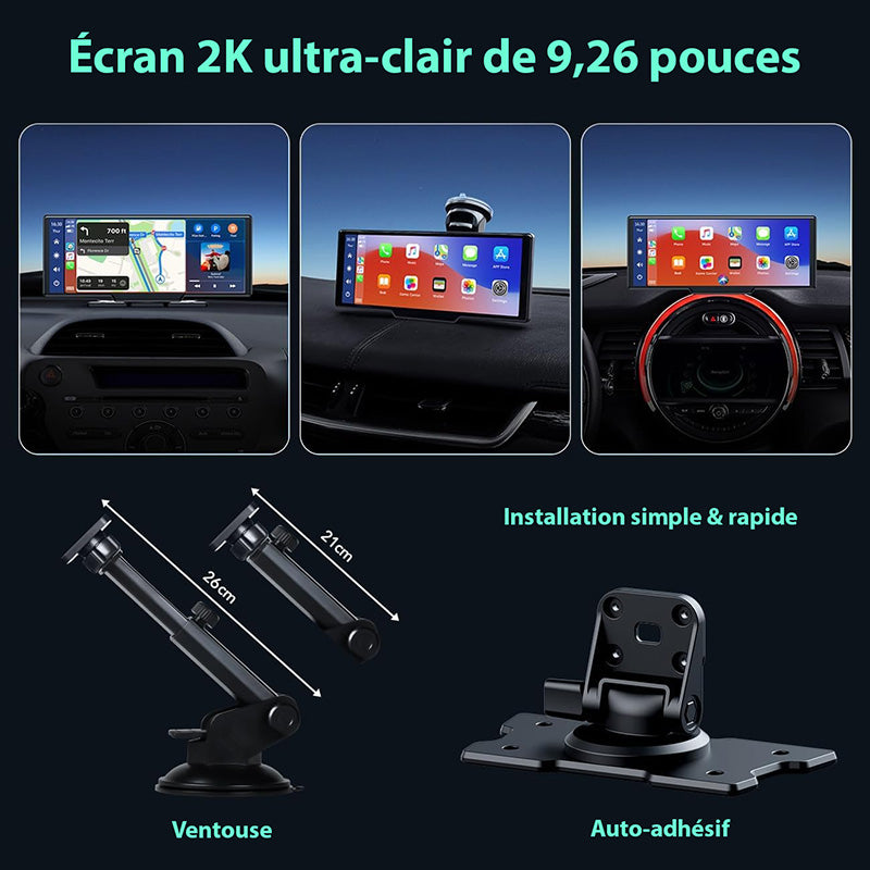 Écran autoradio sans fil 2K avec dashcam et caméra arrière 1080P 64