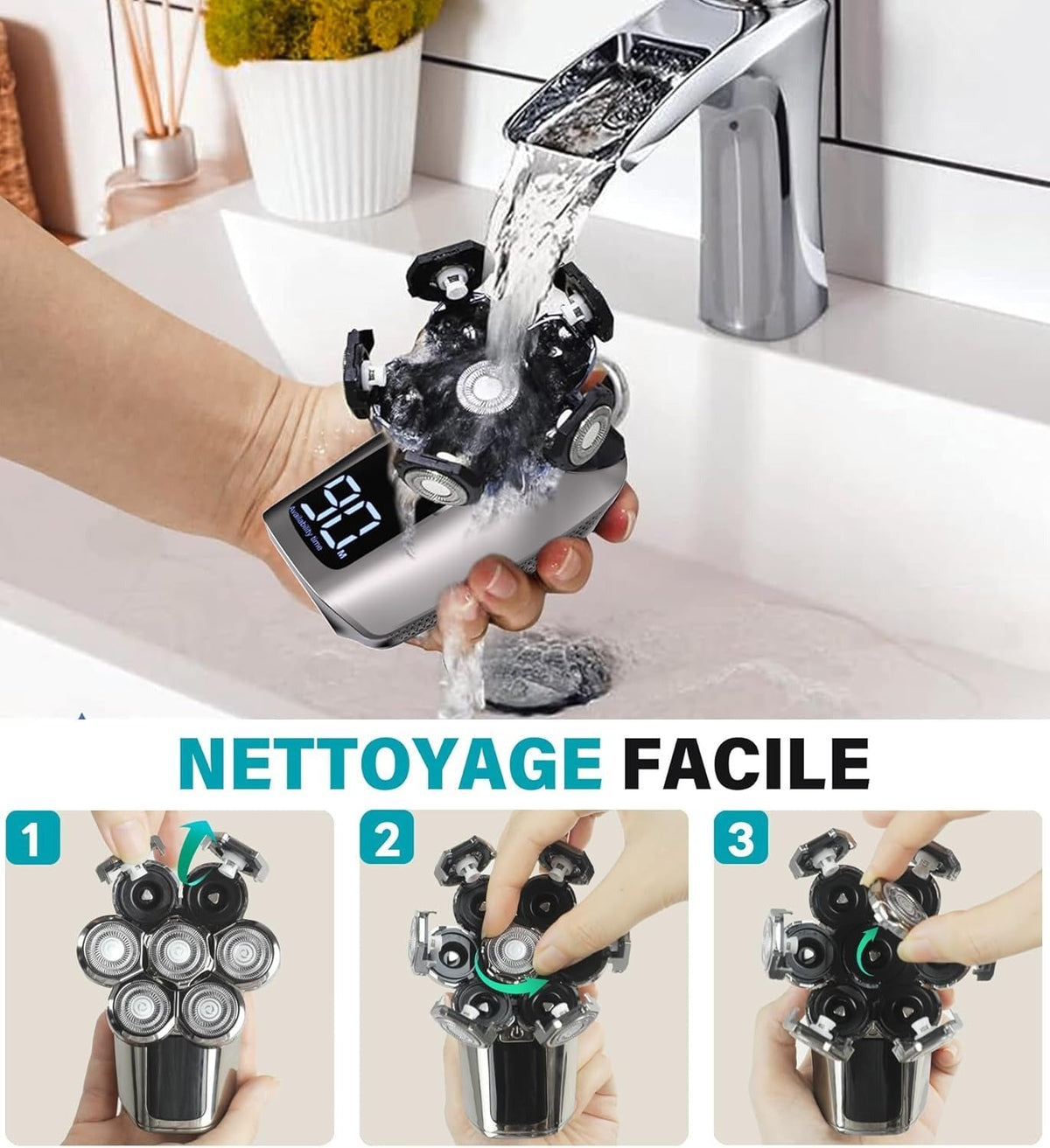 Rasoir électrique étanche à LED avec tête nez et barbe supplémentaire