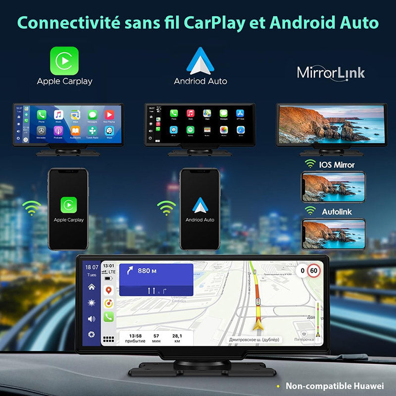 Écran autoradio sans fil 2K avec dashcam et caméra arrière 1080P 64