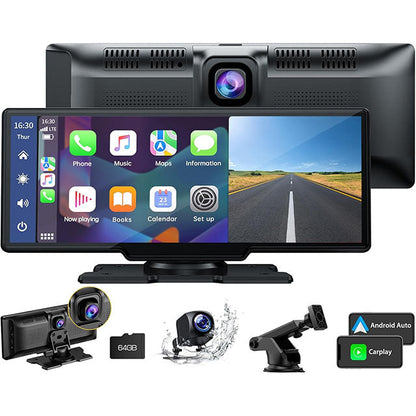 Écran autoradio sans fil 2K avec dashcam et caméra arrière 1080P 64