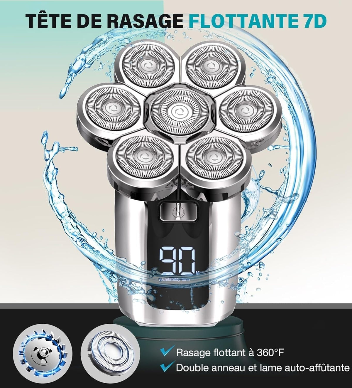 Rasoir électrique étanche à LED avec tête nez et barbe supplémentaire