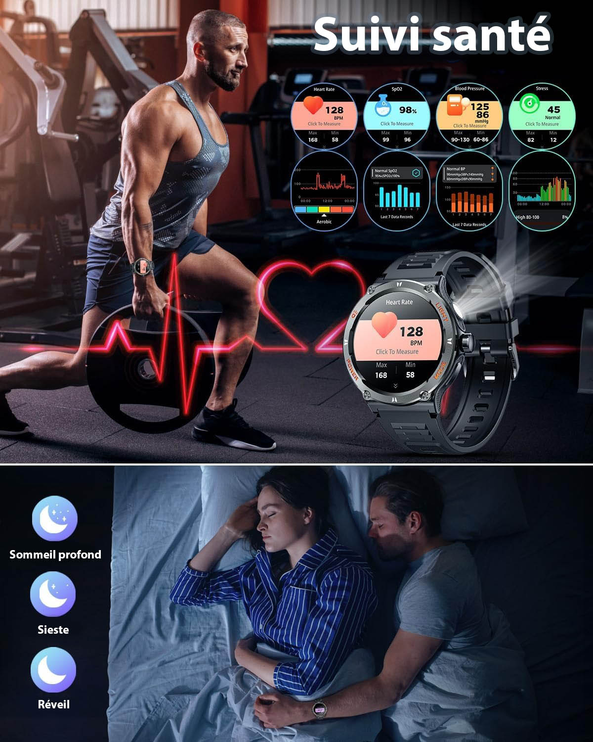 Montre connectée sportive à écran HD avec torche LED et boussole