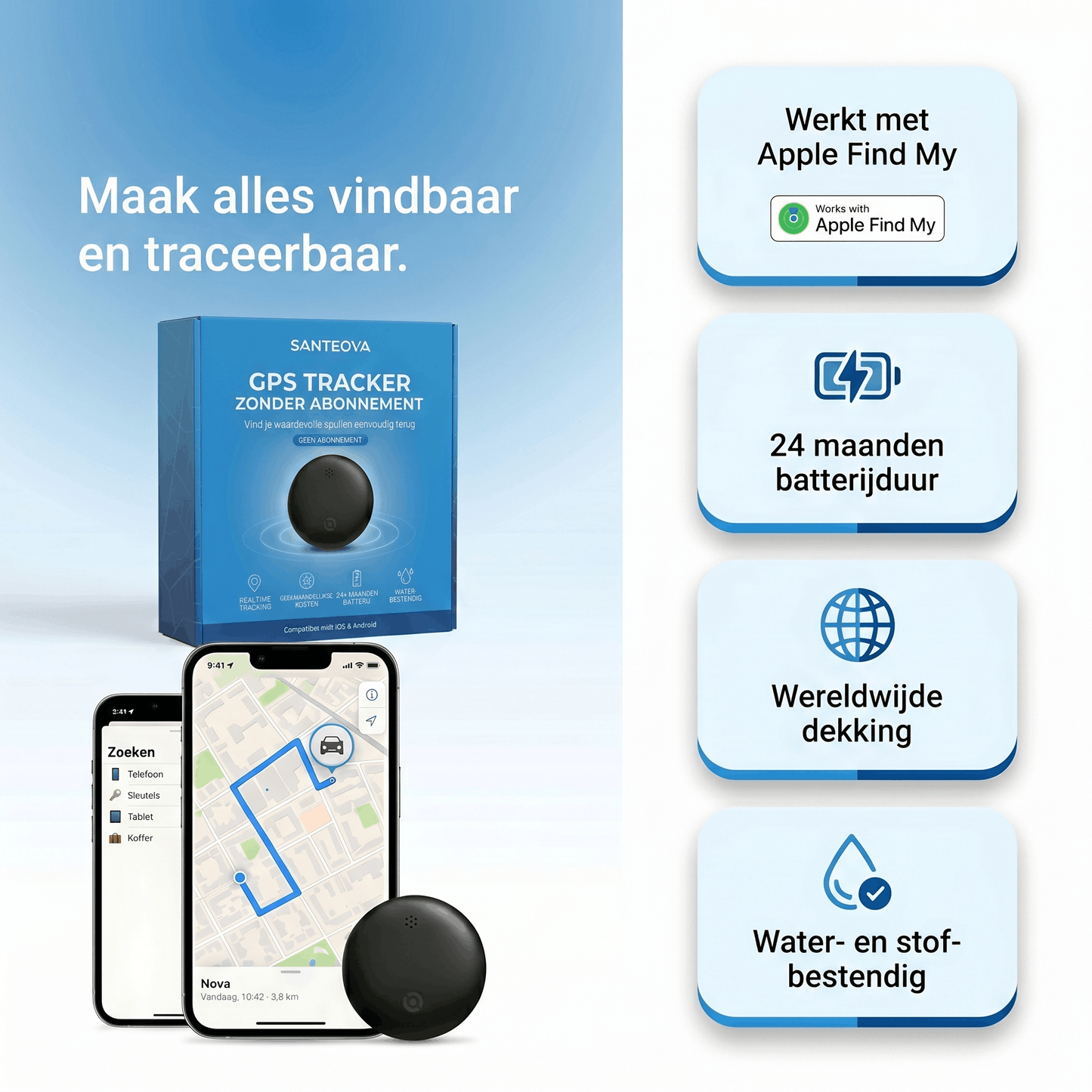 Santeova – GPS Tracker Zonder Abonnement | Compatibel met Android en iOS